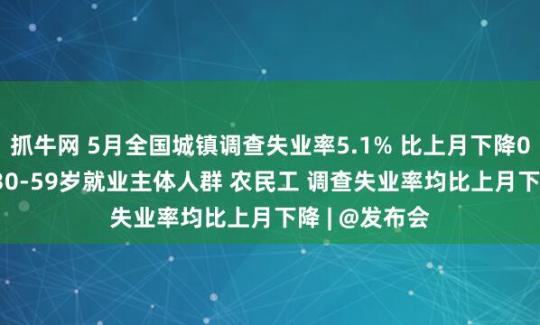 抓牛网 5月全国城镇调查失业率5.1% 比上月下降0.1个百分点 30-59岁就业主体人群 农民工 调查失业率均比上月下降 | @发布会
